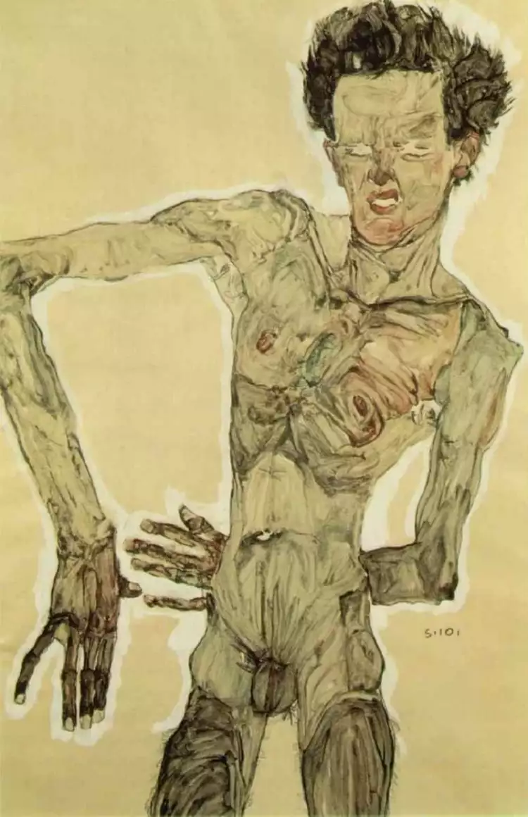 Toothed Nude Man With His Face Partly Covered By His Raised Arms